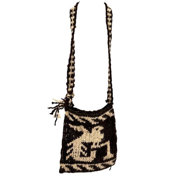 Vintage Handbags - Vintage 70s Small Dark Brown & Cream 100% Wool Bird Motif Peruvian Purse